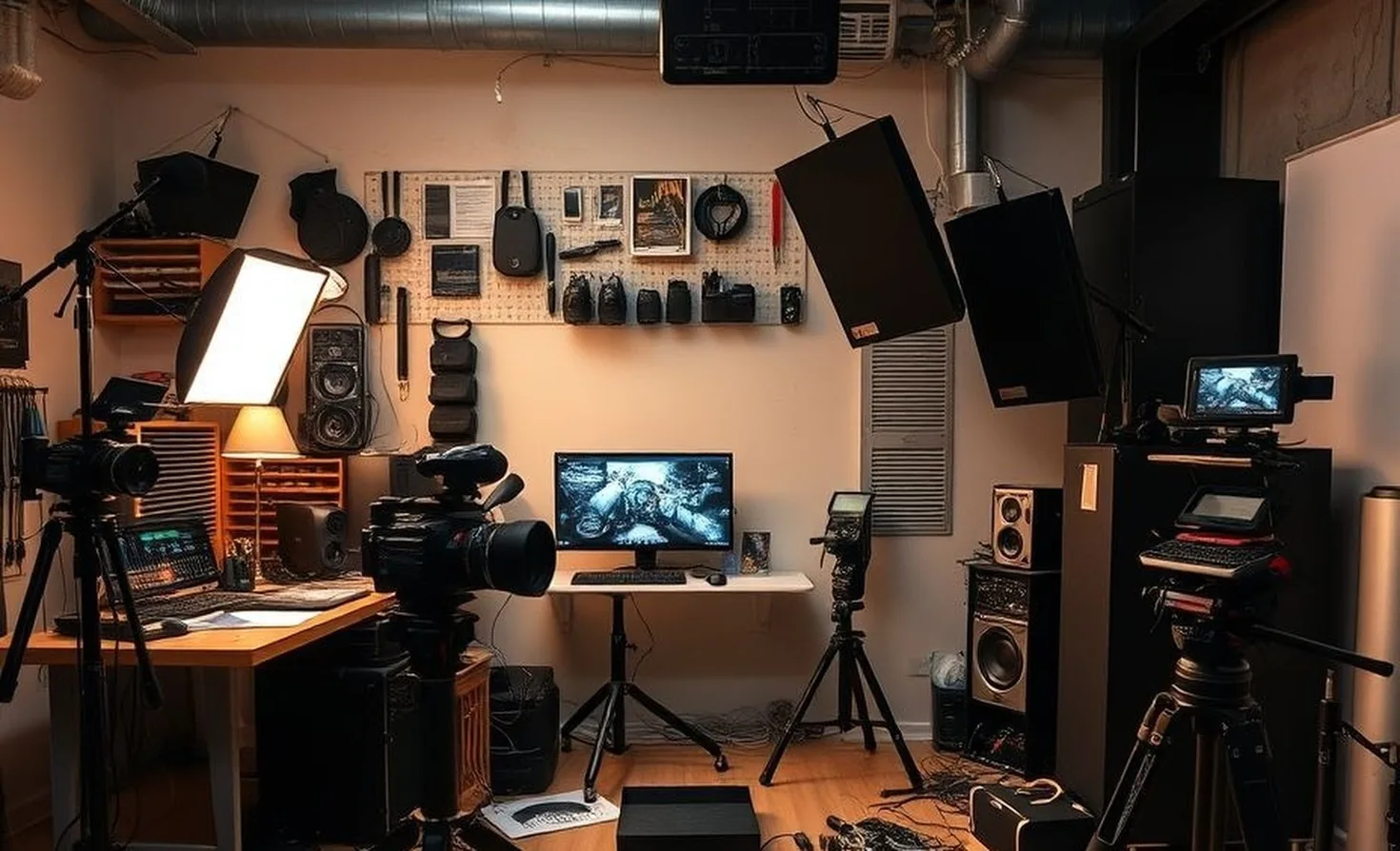 video production gear workspace stock